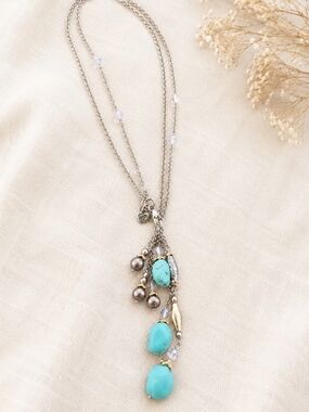 Brighton Turquoise Charm Necklace Silver Tone Crystal Bead Dangle Pendant